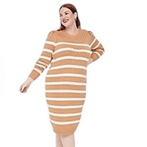 NWT Lane Bryant 26/28 Sweater Dress Long Puff-Sleeve Striped Tan Cream New
